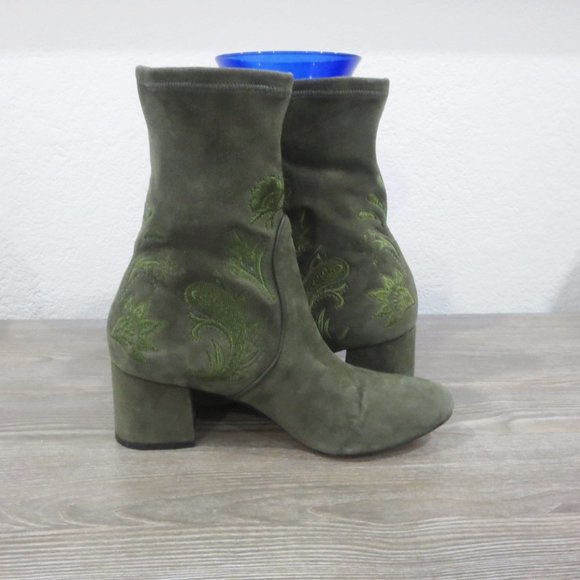 Rachel Zoe Shoes - Rachel Zoe Olive Army Green Suede Embroidered Boots Block Heel 7 Boho Paisley